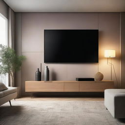 A modern wall with a sleek flat-screen TV mounted on it, surrounded by chic decoratives and ambient lighting.