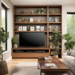 A large, contemporary living room wall, prominently featuring a flat screen TV mounted on it. The wall also displays tastefully arranged bookshelves, plants and artwork.