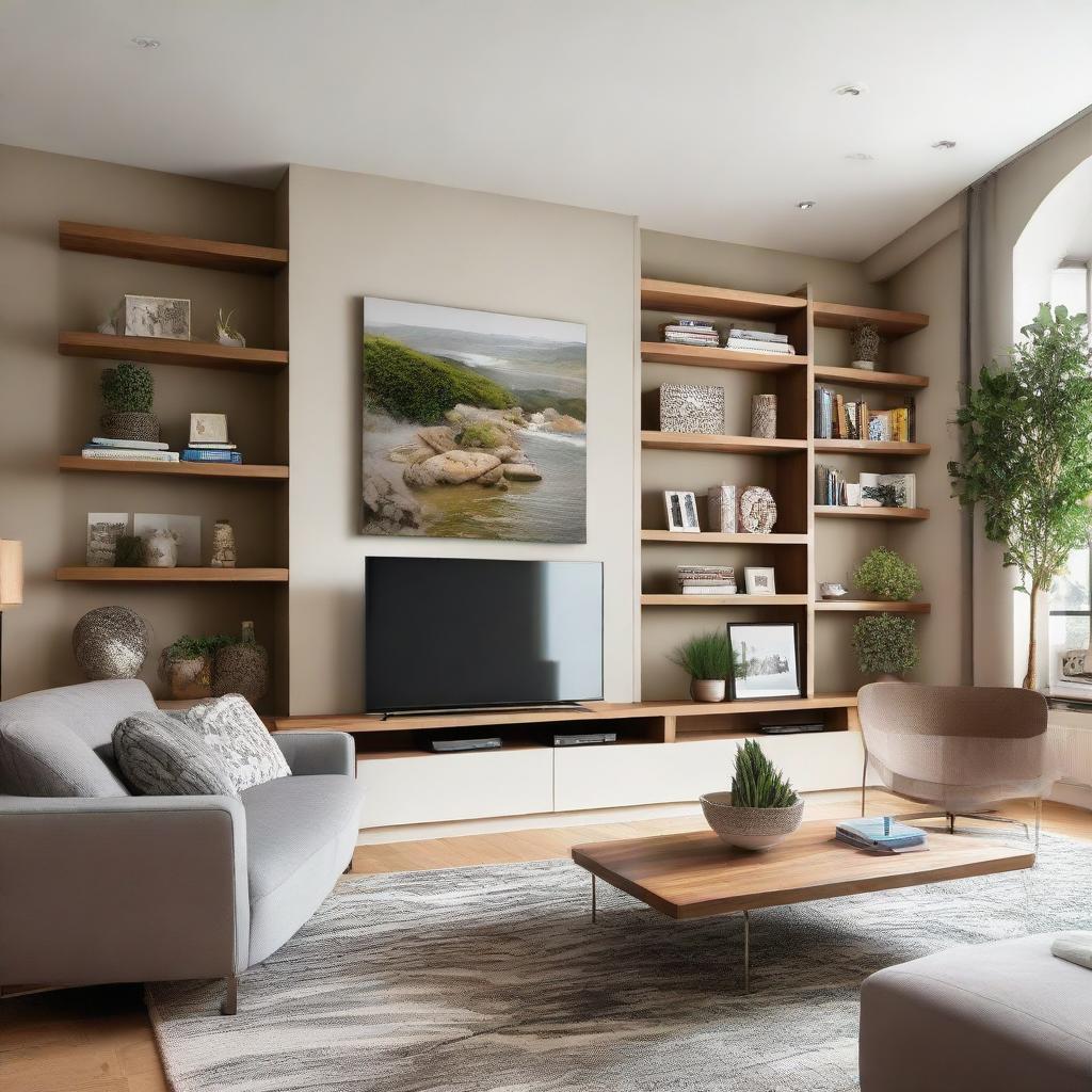 A large, contemporary living room wall, prominently featuring a flat screen TV mounted on it. The wall also displays tastefully arranged bookshelves, plants and artwork.