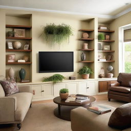 A large, contemporary living room wall, prominently featuring a flat screen TV mounted on it. The wall also displays tastefully arranged bookshelves, plants and artwork.