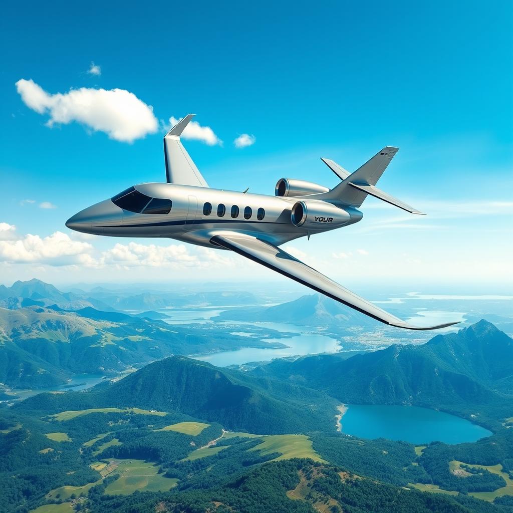 A sleek, modern aircraft soaring gracefully over a pristine landscape, featuring lush green valleys, crystal-clear lakes, and dramatic mountain ranges