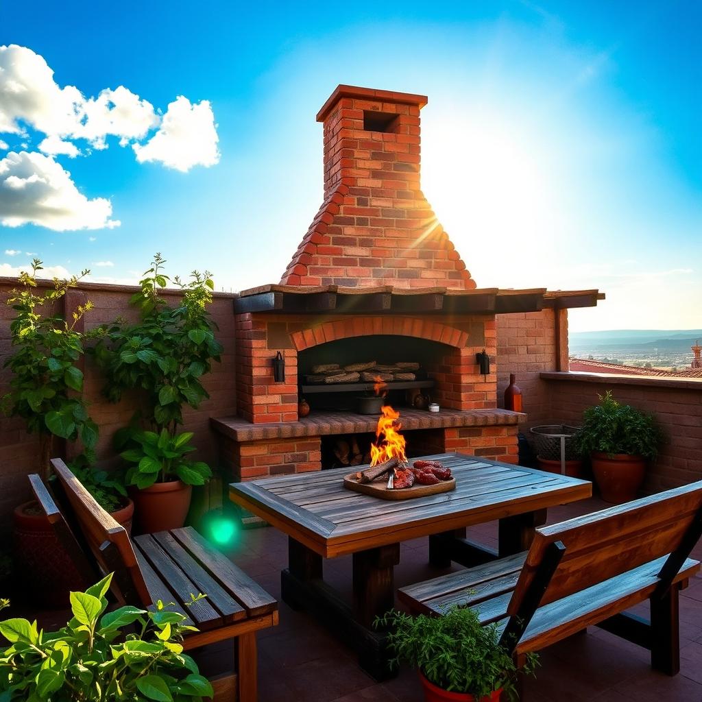 A cozy quincho (Argentinian barbecue area) in a 5x7 meter terrace patio, featuring a traditional brick grill with flames gently cooking asado