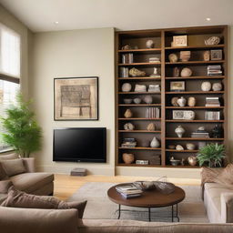 A large, contemporary living room wall, prominently featuring a flat screen TV mounted on it. The wall also displays tastefully arranged bookshelves, plants and artwork.