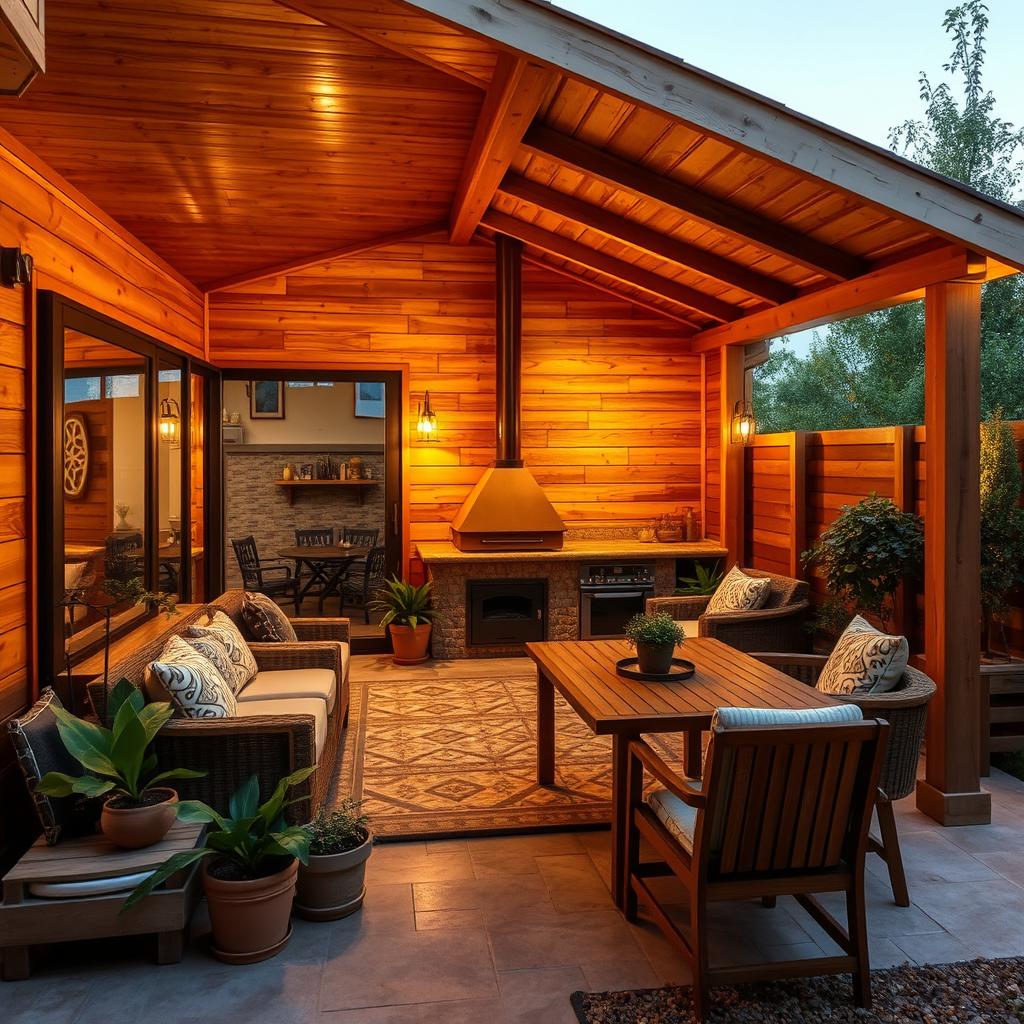 A closed quincho in a terrace patio measuring 5x7 meters, featuring warm wood paneling and a rustic design