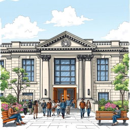 A detailed sketch of a public library, showcasing its grand entrance with tall, inviting doors and large windows