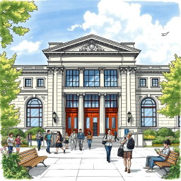 A detailed sketch of a public library, showcasing its grand entrance with tall, inviting doors and large windows