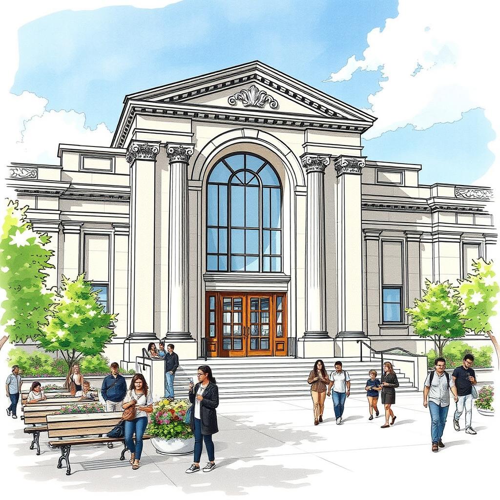 A detailed sketch of a public library, showcasing its grand entrance with tall, inviting doors and large windows