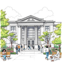 A detailed sketch of a public library, showcasing its grand entrance with tall, inviting doors and large windows