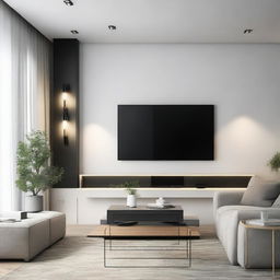 A minimalist style living room wall with a large flat-screen TV centrally mounted. The wall is adorned with subtle, chic decorations and ambient LED lights for a cozy feeling.