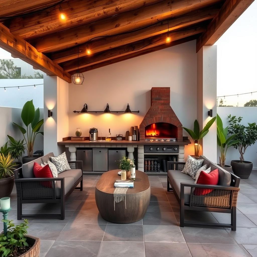 A cozy closed quincho (Argentinian grill house) featuring a traditional parrilla (grill), a brick oven, a functional kitchen, and a spacious area for guests