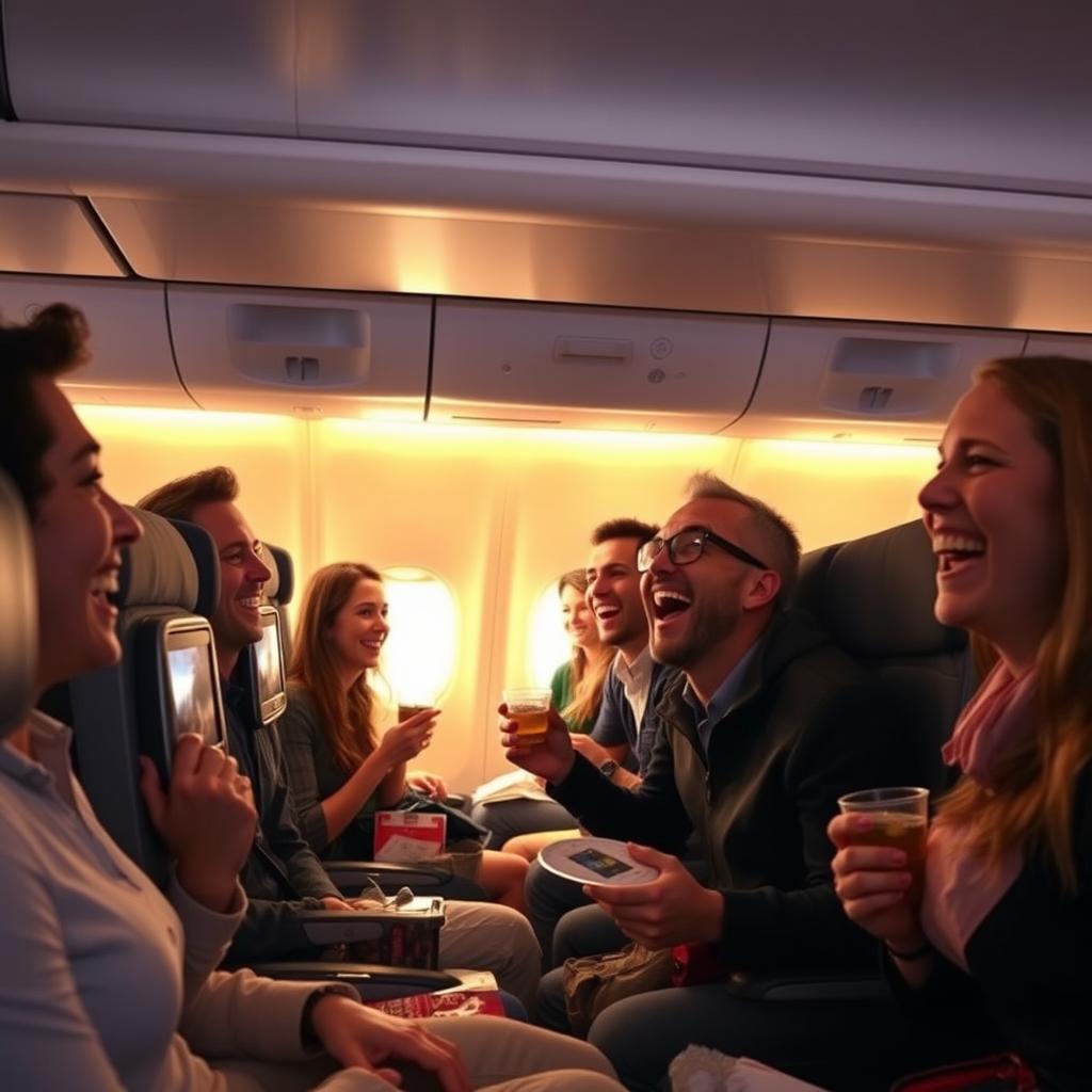 A joyful scene of happy passengers enjoying their in-flight experience on a commercial airplane