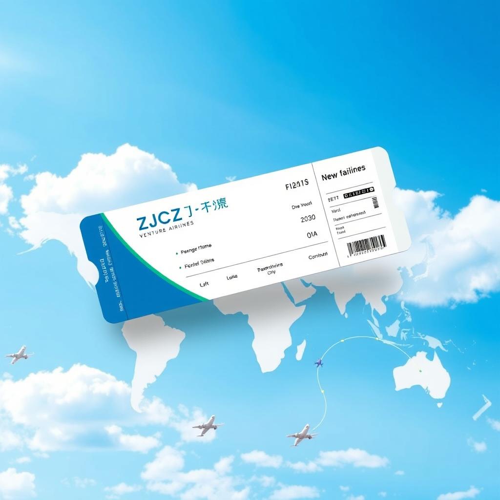 A promotional image for 'ZJCZ Venture Airlines', featuring an elegant ticket design with a sleek logo, showcasing various flight routes on a world map