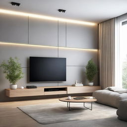 A minimalist style living room wall with a large flat-screen TV centrally mounted. The wall is adorned with subtle, chic decorations and ambient LED lights for a cozy feeling.