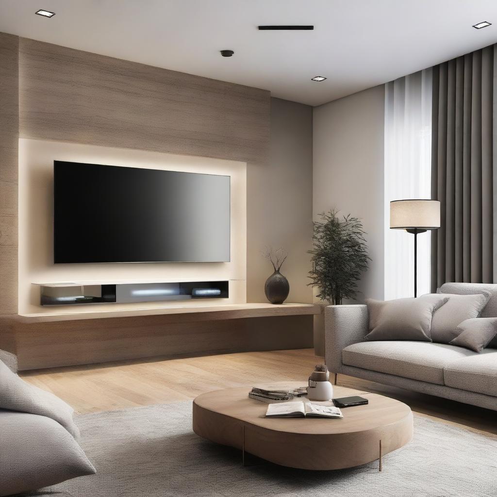 A minimalist style living room wall with a large flat-screen TV centrally mounted. The wall is adorned with subtle, chic decorations and ambient LED lights for a cozy feeling.