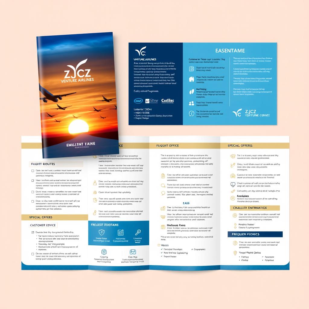 A beautifully designed brochure for 'ZJCZ Venture Airlines' that showcases essential travel information