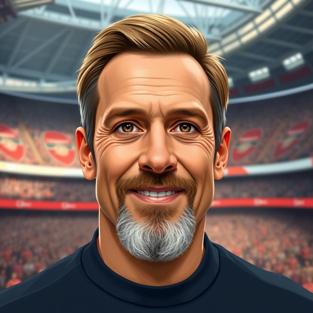 A digital painting of a 36-year-old man, height 175 cm, weight 78 kg, with a beige face and a slim nose
