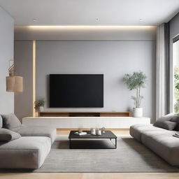 A minimalist style living room wall with a large flat-screen TV centrally mounted. The wall is adorned with subtle, chic decorations and ambient LED lights for a cozy feeling.