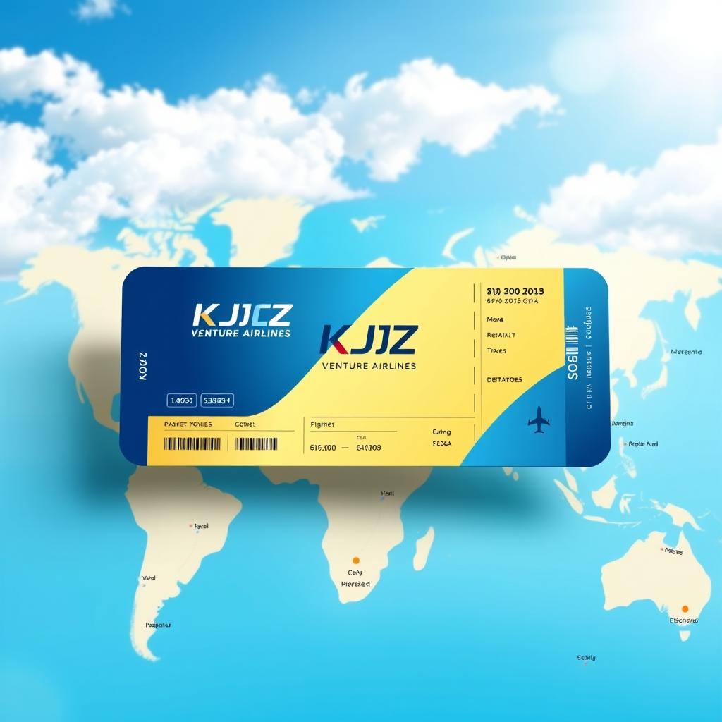 A promotional image for 'KJCZ Venture Airlines', displaying an elegant ticket design featuring the airline's sleek logo
