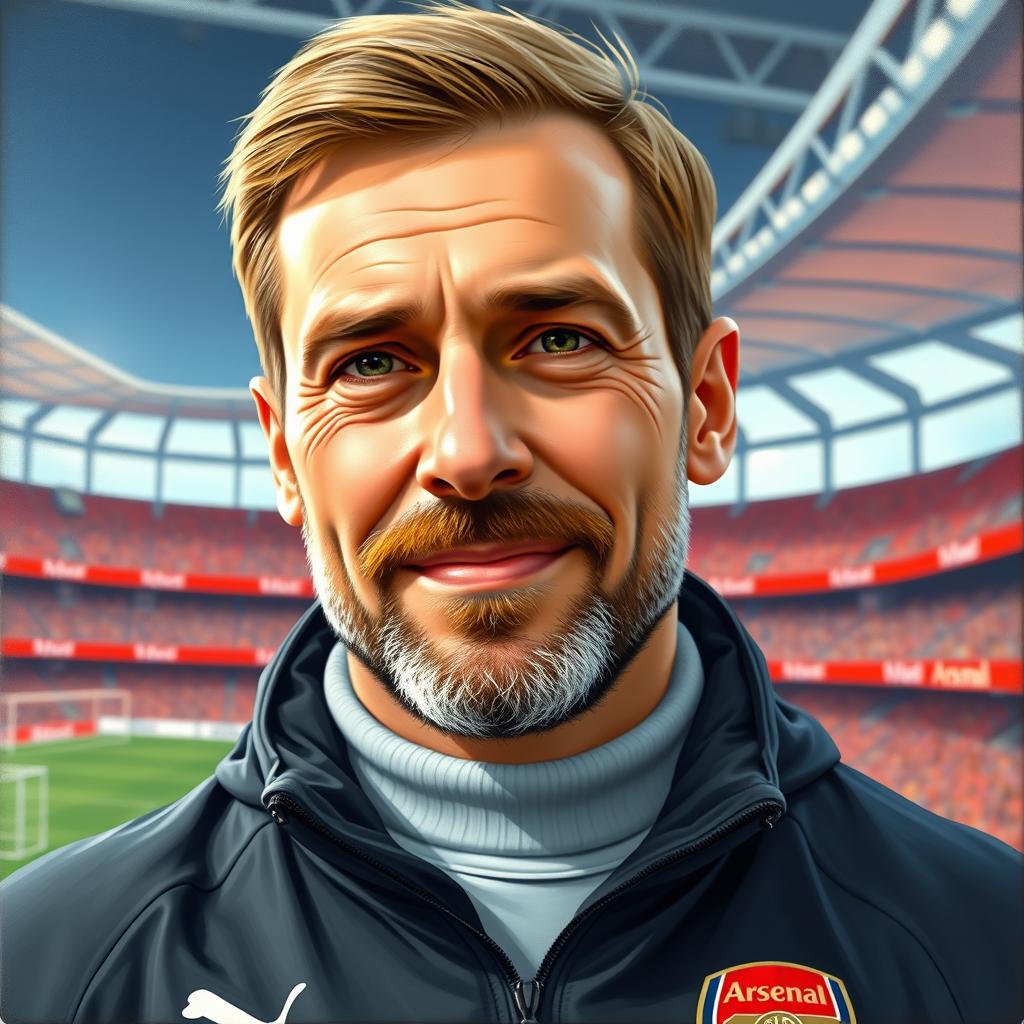A vibrant and realistic painting of a 36-year-old male football coach representing Arsenal FC, standing inside the Arsenal stadium