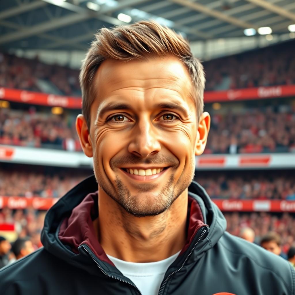A portrait of a 36-year-old male football coach for Arsenal FC, standing in the Arsenal stadium