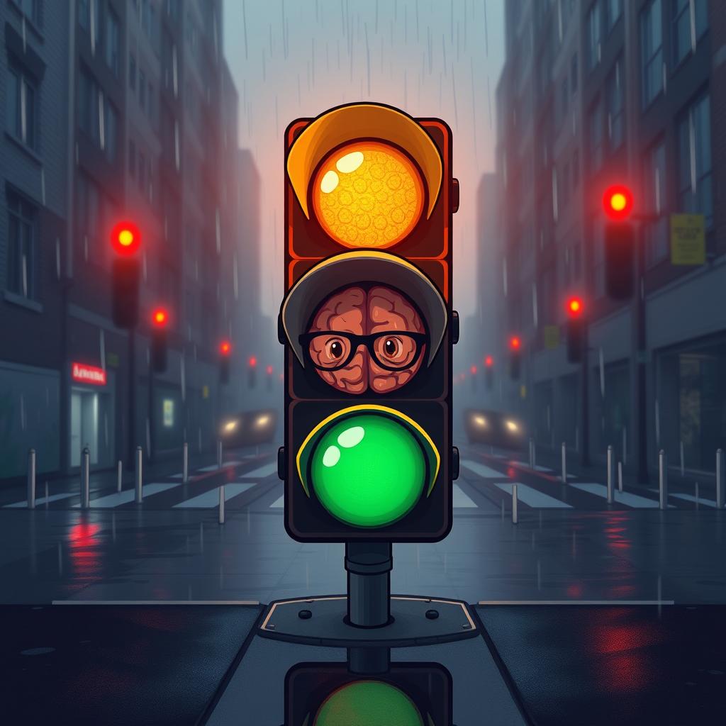 A creative illustration suitable for a psychology group profile picture featuring a brain waiting behind a traffic light