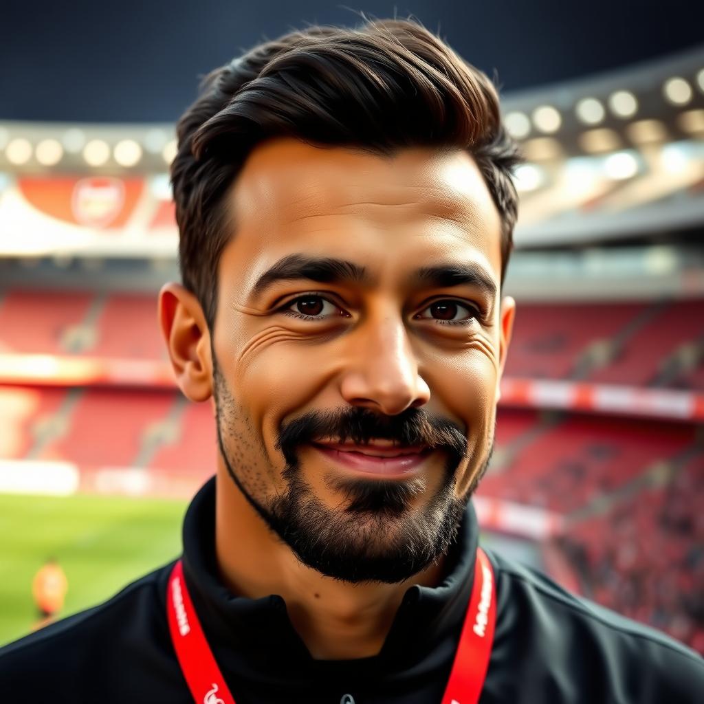A charismatic 36-year-old man, 175cm tall, weighing 78kg, resembling a coach for Arsenal FC in an Arsenal stadium