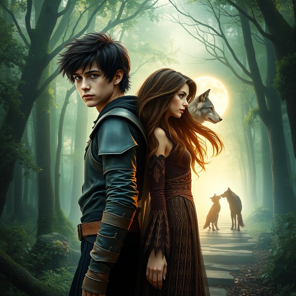 A fantasy book cover featuring a lush and mystical forest background