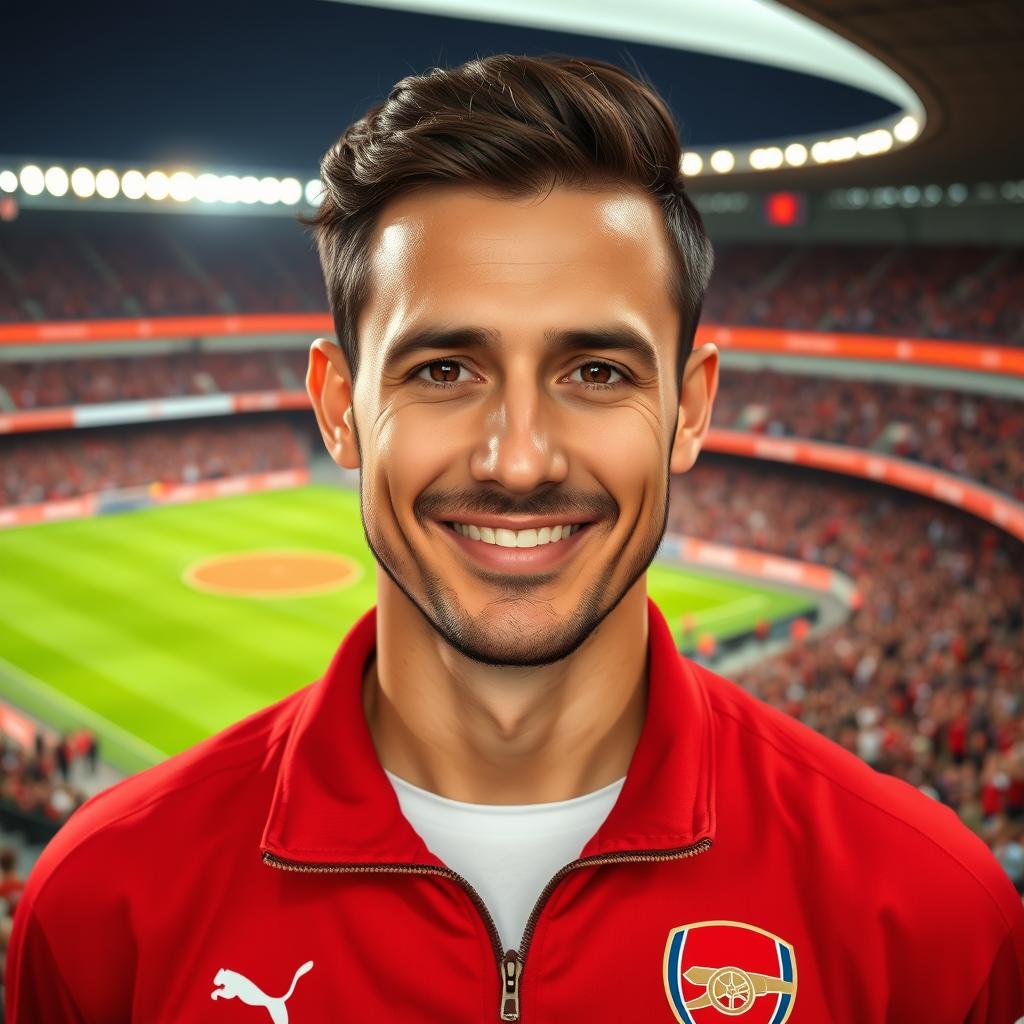 A portrait of a 36-year-old male coach of the Arsenal team, standing in the Arsenal stadium