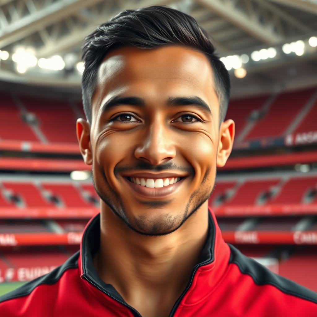 A portrait of a 36-year-old man, standing at 175 cm tall and weighing 78 kg, in a vibrant Arsenal FC stadium