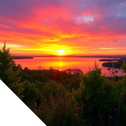 A serene landscape featuring a vibrant sunset over a tranquil lake, with colorful reflections on the water's surface