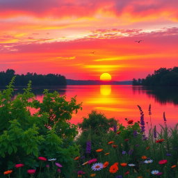 A serene landscape featuring a vibrant sunset over a tranquil lake, with colorful reflections on the water's surface