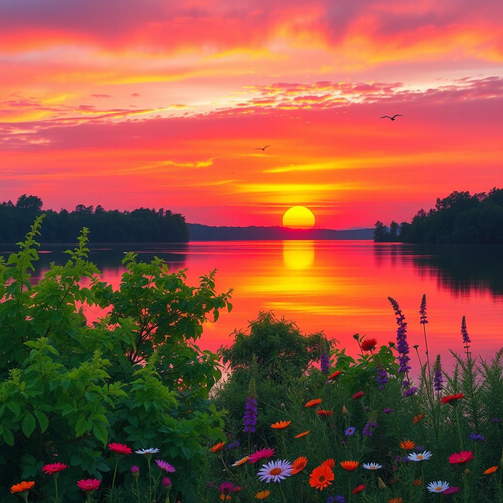 A serene landscape featuring a vibrant sunset over a tranquil lake, with colorful reflections on the water's surface