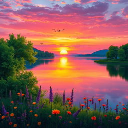 A serene landscape featuring a vibrant sunset over a tranquil lake, with colorful reflections on the water's surface