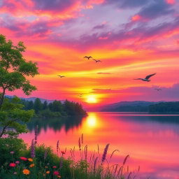 A serene landscape featuring a vibrant sunset over a tranquil lake, with colorful reflections on the water's surface