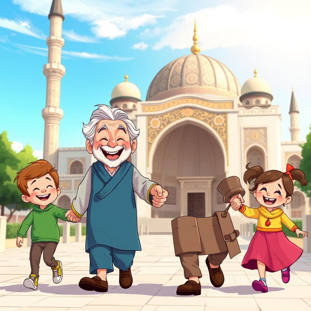 A cheerful cartoon depiction of a grandfather joyfully holding the hands of his grandchildren as they walk towards an Iranian mosque