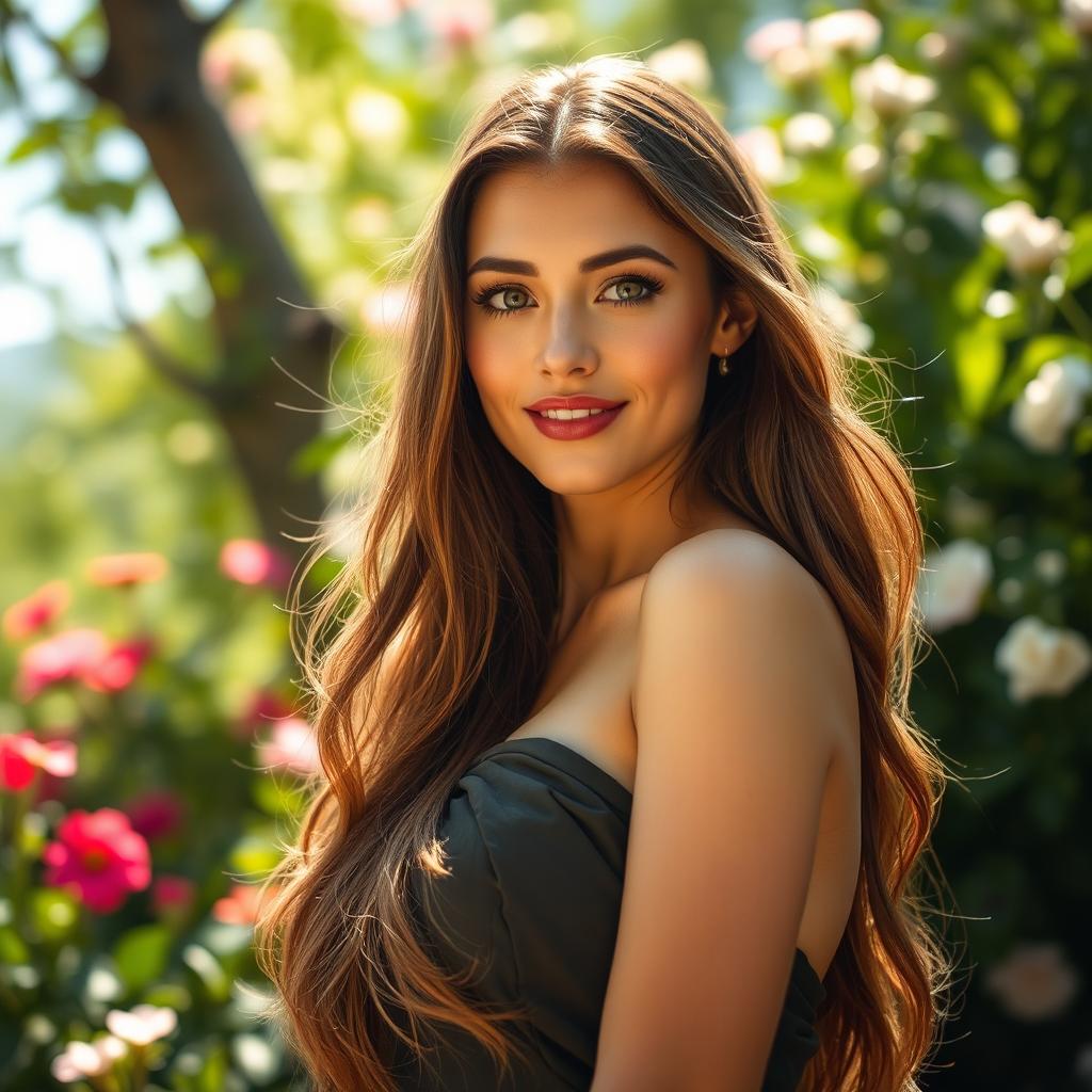 A beautiful woman with striking features, long flowing hair, and captivating eyes, standing in a sunlit environment