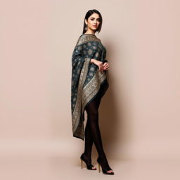 A woman elegantly dressed in a traditional chadori, showcasing the intricate design of the fabric