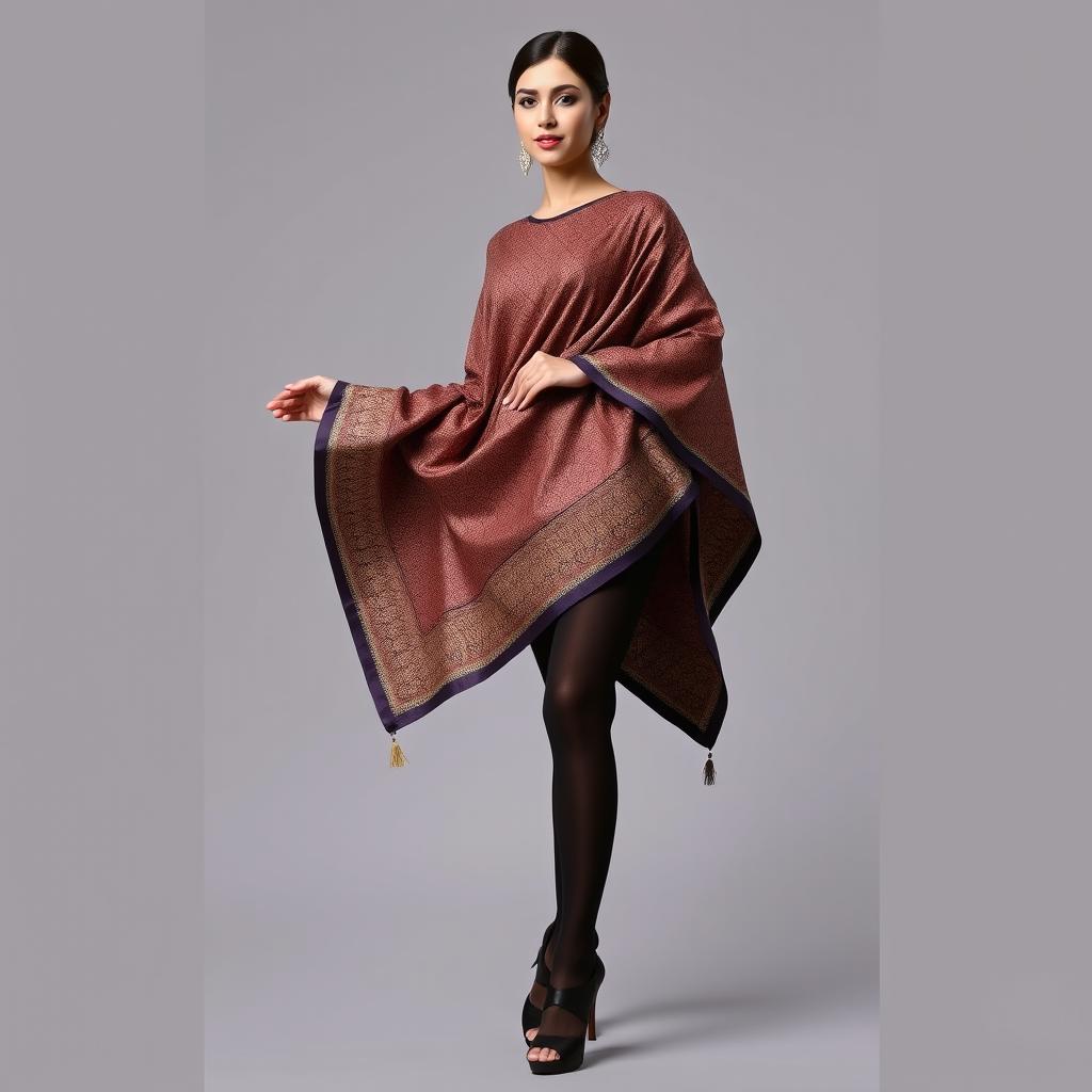 A woman elegantly dressed in a traditional chadori, showcasing the intricate design of the fabric