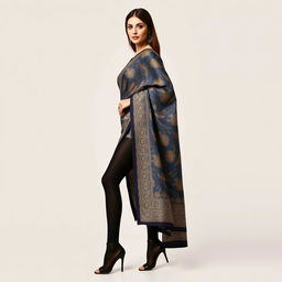 A woman elegantly dressed in a traditional chadori, showcasing the intricate design of the fabric