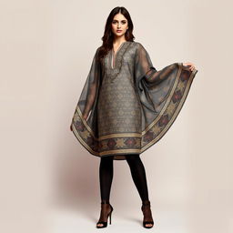 A woman elegantly dressed in a traditional chadori, showcasing the intricate design of the fabric