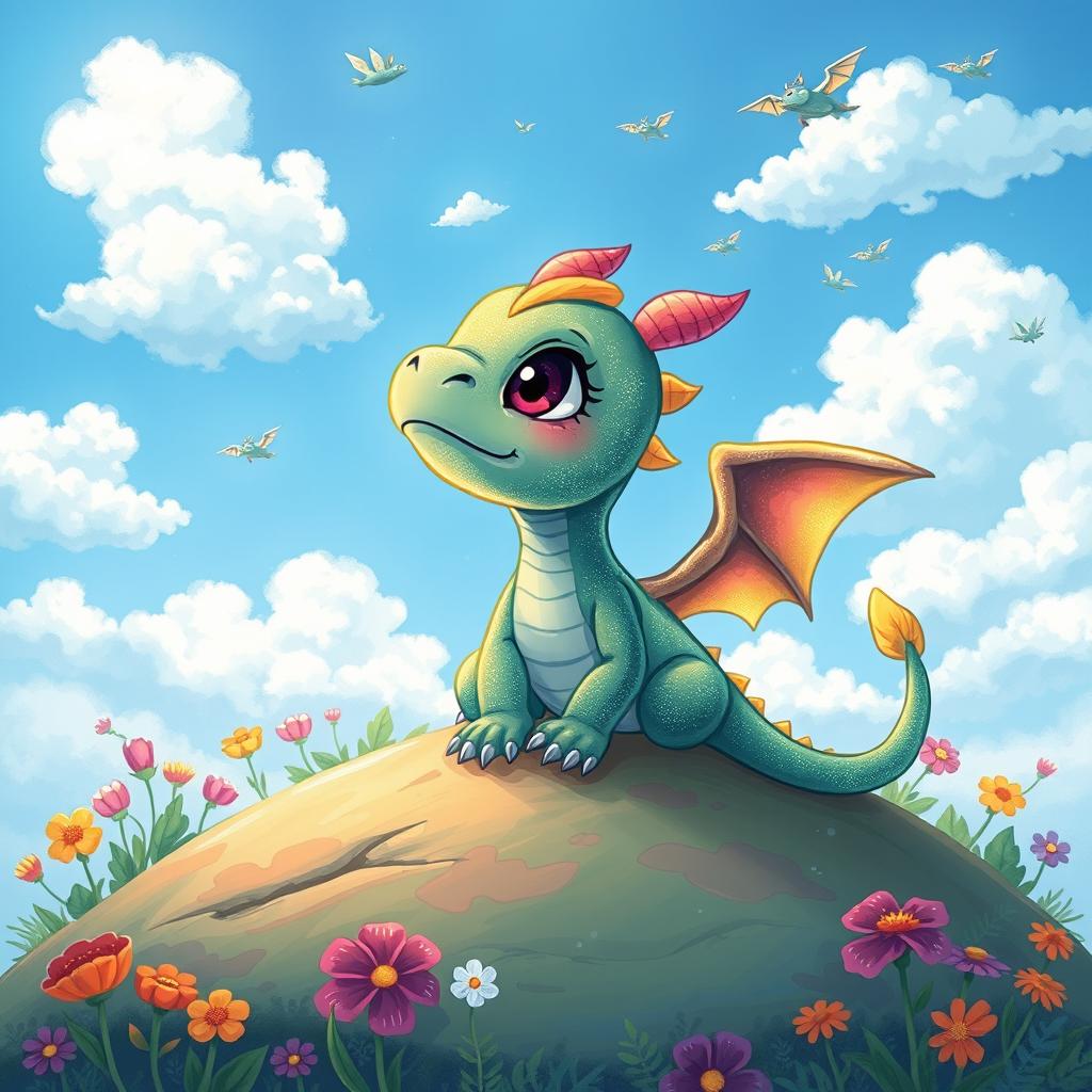 A whimsical and colorful illustration of a small, adorable dragon sitting on a hilltop, looking up at the sky with a sad expression