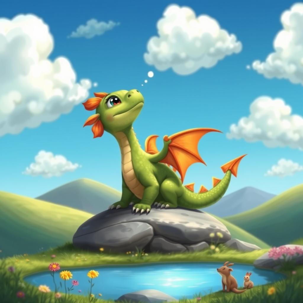 A charming scene of a small, adorable dragon looking up at the sky with a hopeful expression, surrounded by fluffy white clouds in a bright blue sky