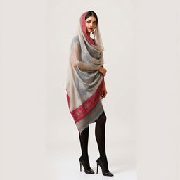 A woman adorned in a traditional veil that gracefully drapes over her head and shoulders, highlighting her elegant features