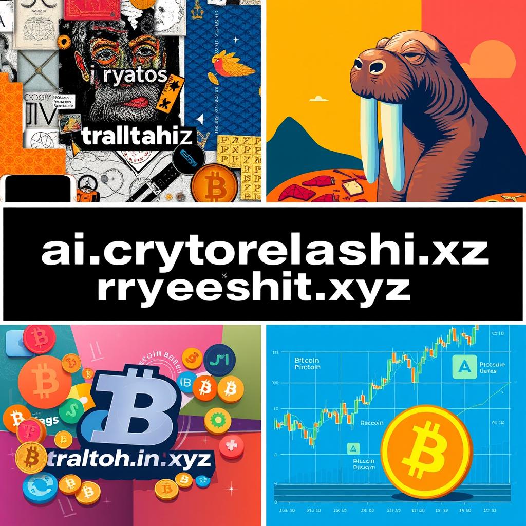 A collection of five distinct artworks featuring a large pixelated logo 'ai_cryptorelatedshit
