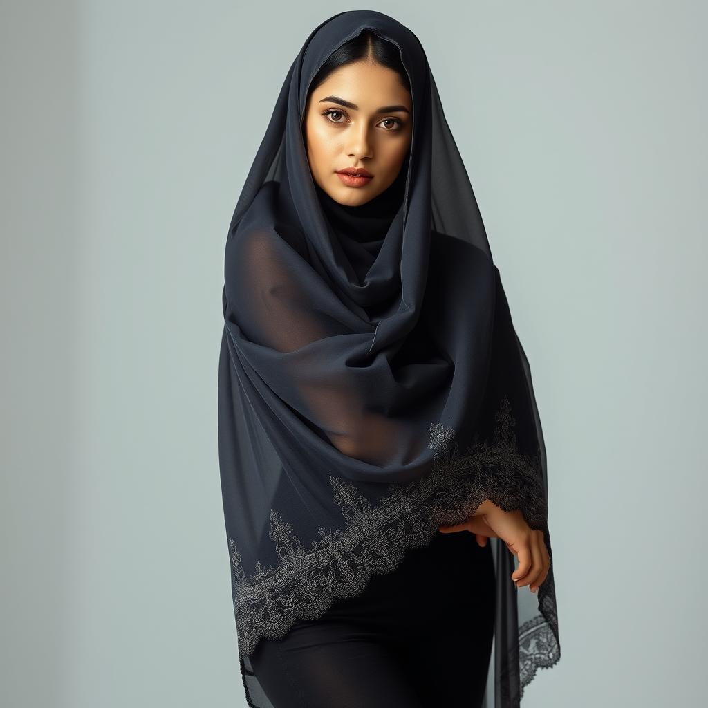 A woman gracefully adorned in a traditional veil that elegantly cascades over her head and shoulders