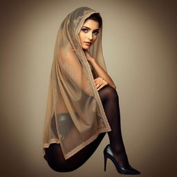 A woman gracefully adorned in a traditional veil that elegantly cascades over her head and shoulders