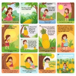 A 4x4 grid representing the story of 'Alamat ng Pinya' (Legend of the Pineapple) in 16 panels