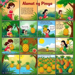 A 4x4 grid representing the story of 'Alamat ng Pinya' (Legend of the Pineapple) in 16 panels