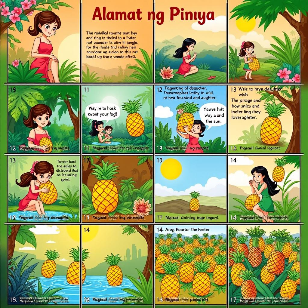 A 4x4 grid representing the story of 'Alamat ng Pinya' (Legend of the Pineapple) in 16 panels