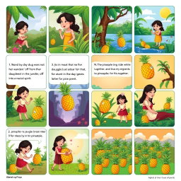 A 4x4 grid representing the story of 'Alamat ng Pinya' (Legend of the Pineapple) in 16 panels